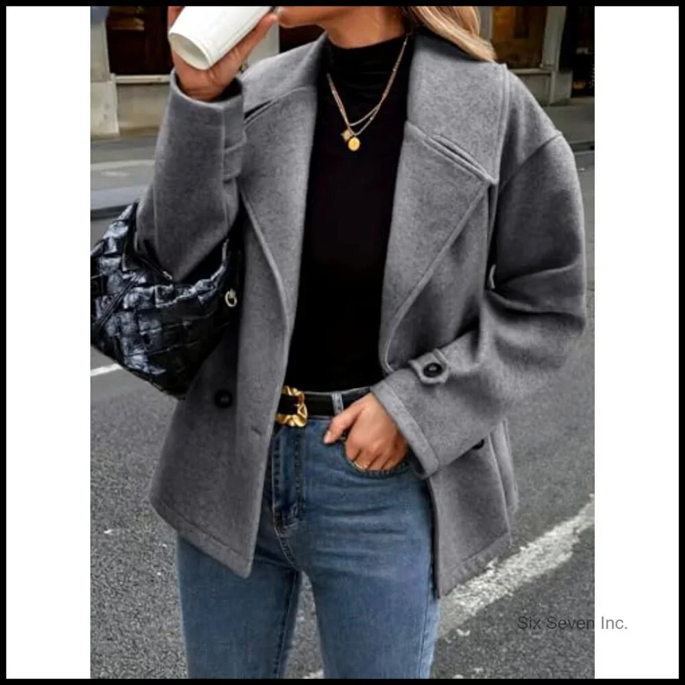Wool Blend Pea Coat Cropped Blazer Jacket Loose Fit Double Breasted - Picture 2 of 6